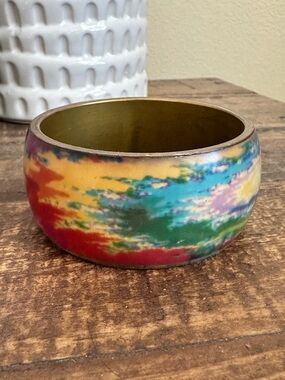 Vintage Boho Abstract Design Monet Style Chunky Enamel Brass Bangle